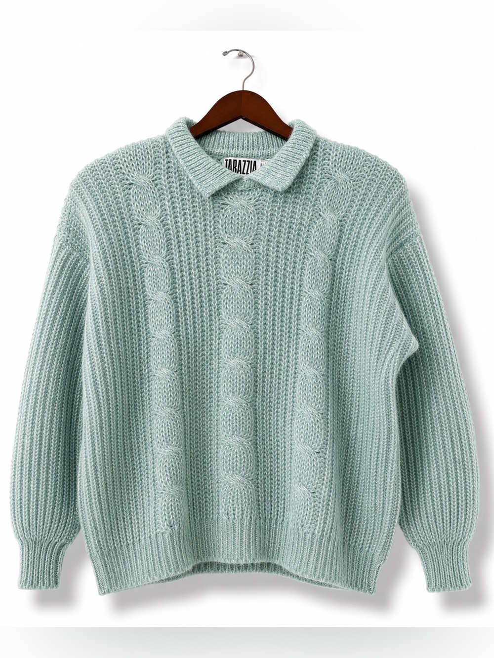 Vintage Tarazzia Mint Green Cable Knit Collared Sweater L 80s 90s